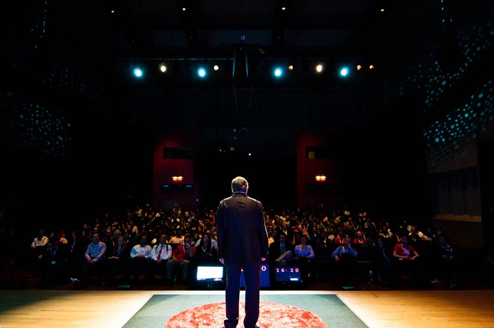 Confident Man Fear Public Speaking Large Audience